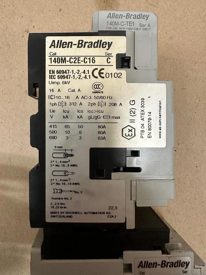 Used Allen Bradley 140M-C2E-C16 Ser C Circuit Breaker w/ 100-C16*10 Contactor