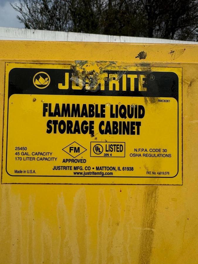 Used Justrite 25450 Flammable Liquid Storage Cabinet, 45 Gallon, 43”x 18” x 65”