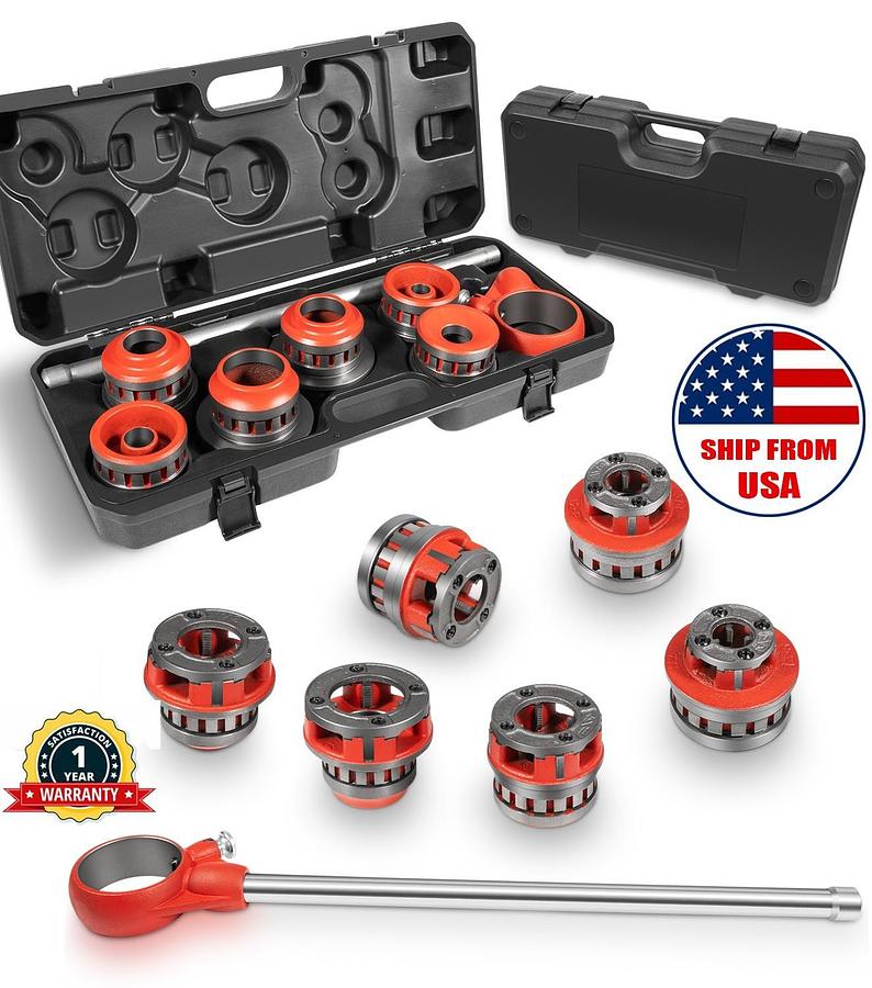 Used Ridgid Exposed Rachet Threader Set 17 Pieces, Ratchet Threader & Strap Wrench