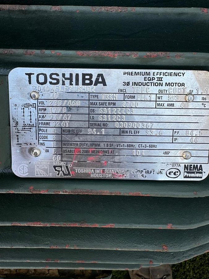 Used Toshiba 80404FLF3USH02 Induction Motor 40HP 230/460V 9.4-47A, 324T, 2700RPM
