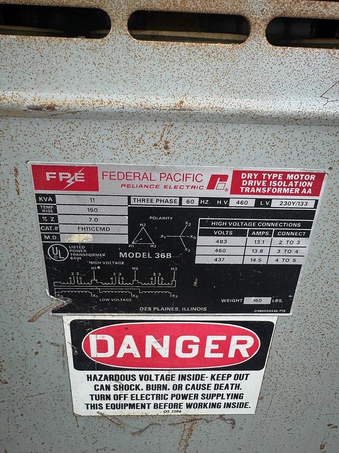 Used Federal Pacific FH11CEMD Transformer, 11 kVA, 230y/133, 3Ph, 60Hz