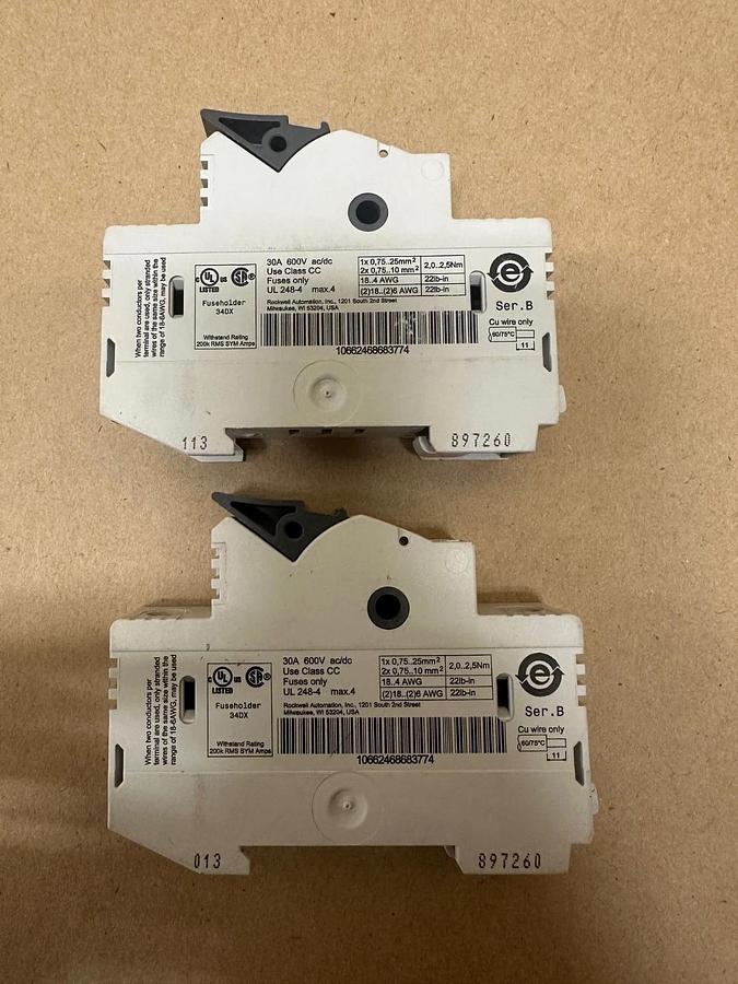 Used Allen Bradley 1492-FB1C30-L 30A, 600V, 1 Pole Fuse Holder - Lot of 2