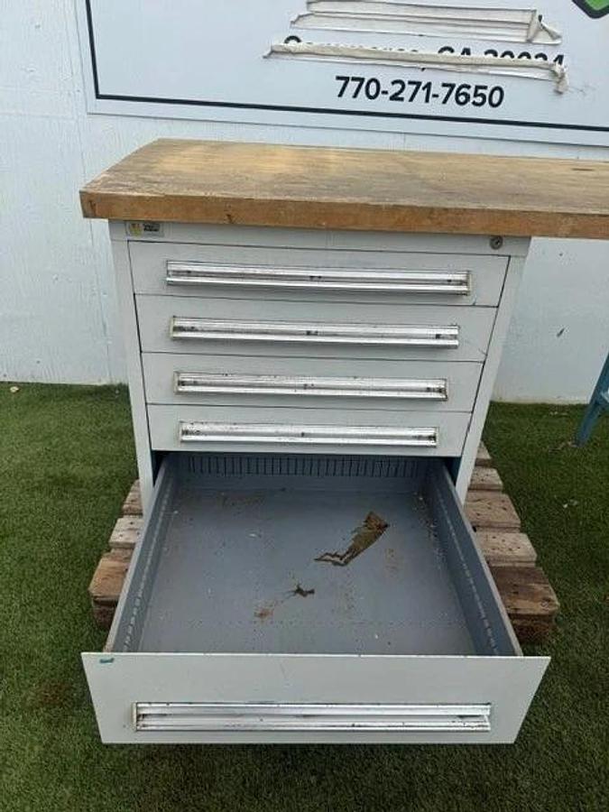 Used Stanley Vidmar 60” x 30” Butcher Top Desk, 5-Drawer Cabinet 30” x 28” Cabinet