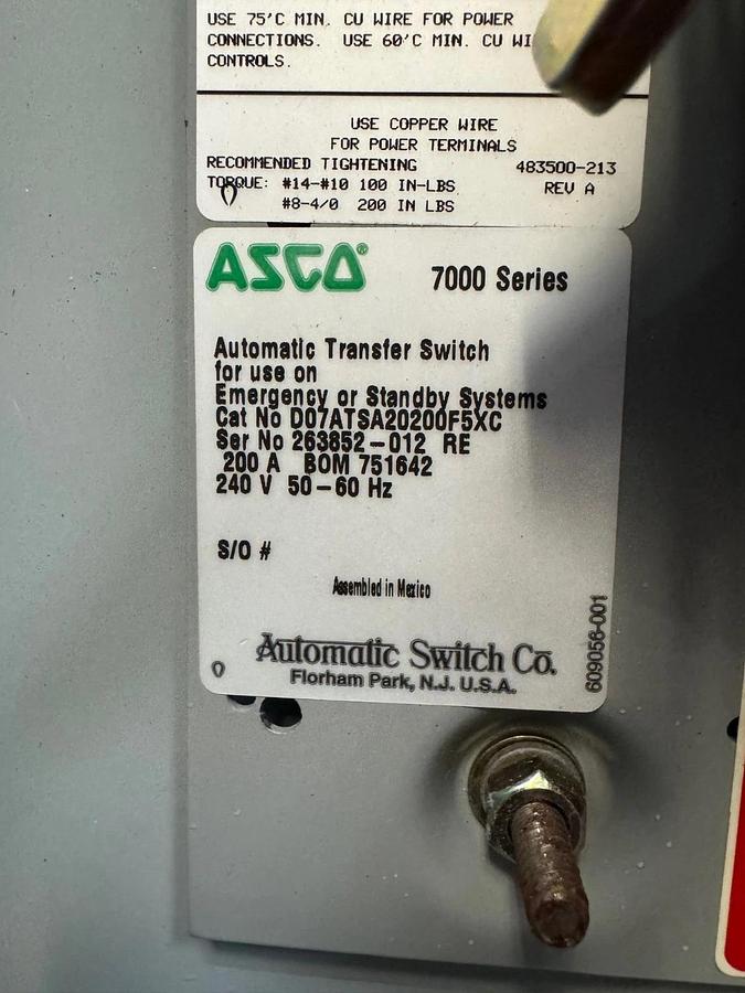 Used Asco D07ATSA20200F5XC 7000 Series Automatic Transfer Switch, 200A, 240V
