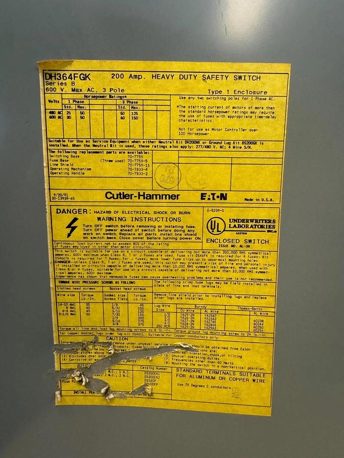 Used Cutler Hammer DH364FGK Safety Switch, 200 Amps, 600 Volts