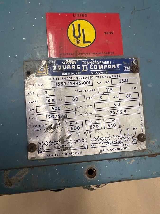 Used Square D 11559-12445-001 Single Phase Insulated Transformer, Class AA