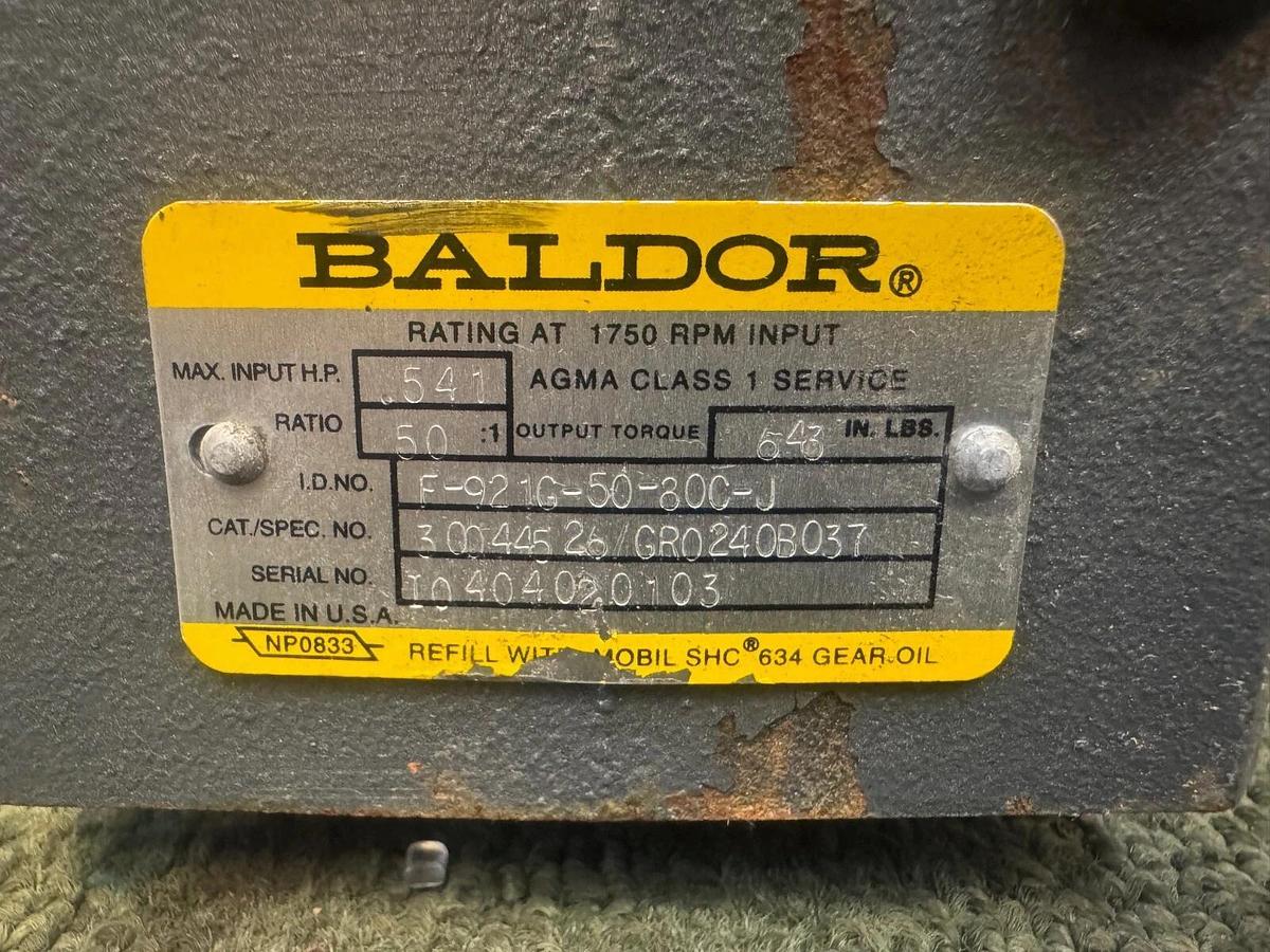 Used Baldor F-921G-50-80C-J Gearbox 50:1 Ratio, w/ Baldor .37 kW DC Motor @ 1750 RPM