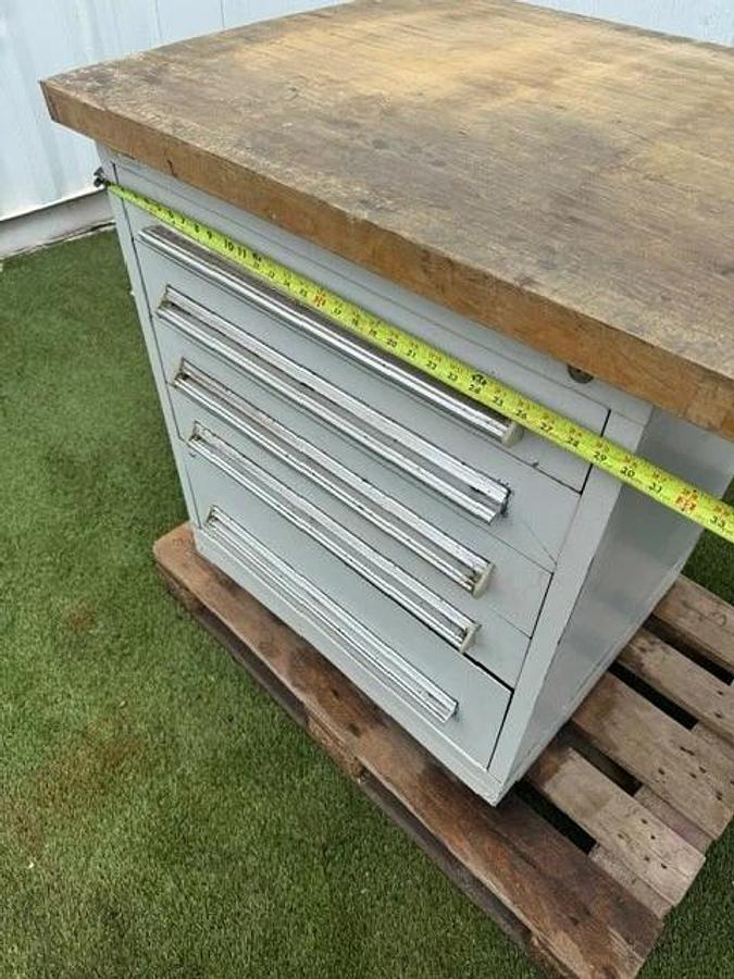 Used Stanley Vidmar 60” x 30” Butcher Top Desk, 5-Drawer Cabinet 30” x 28” Cabinet