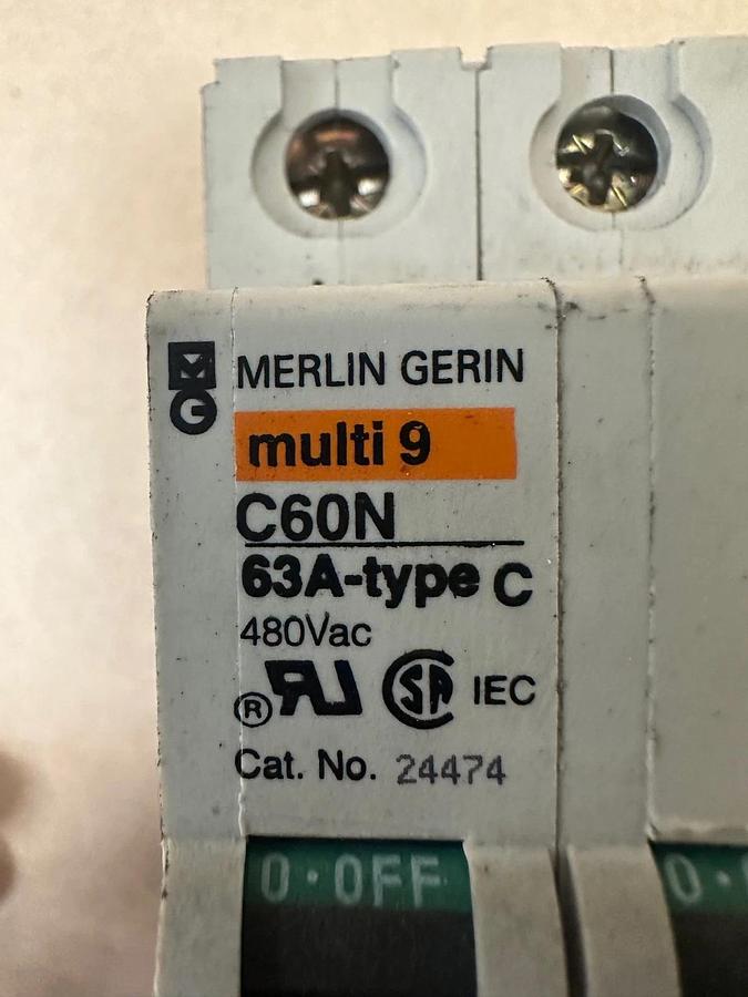 Used Merlin Gerin C60N Multi 9, 63A-Type C 3 Pole, 480VAC Breaker