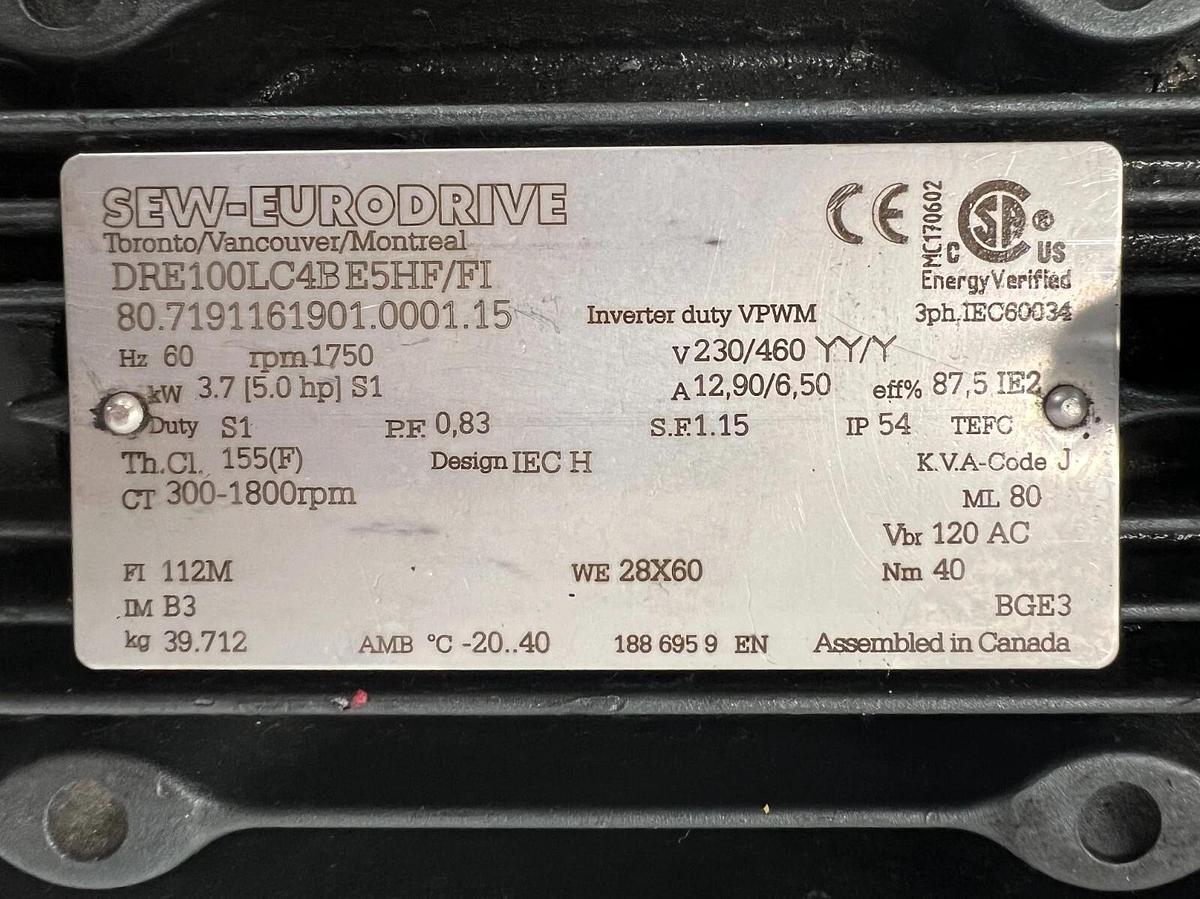 Used Sew-Eurodrive DRE100LC4BE5HF/FI 5.0 HP, 230/460V, 3 PH, 60 Hz Motor
