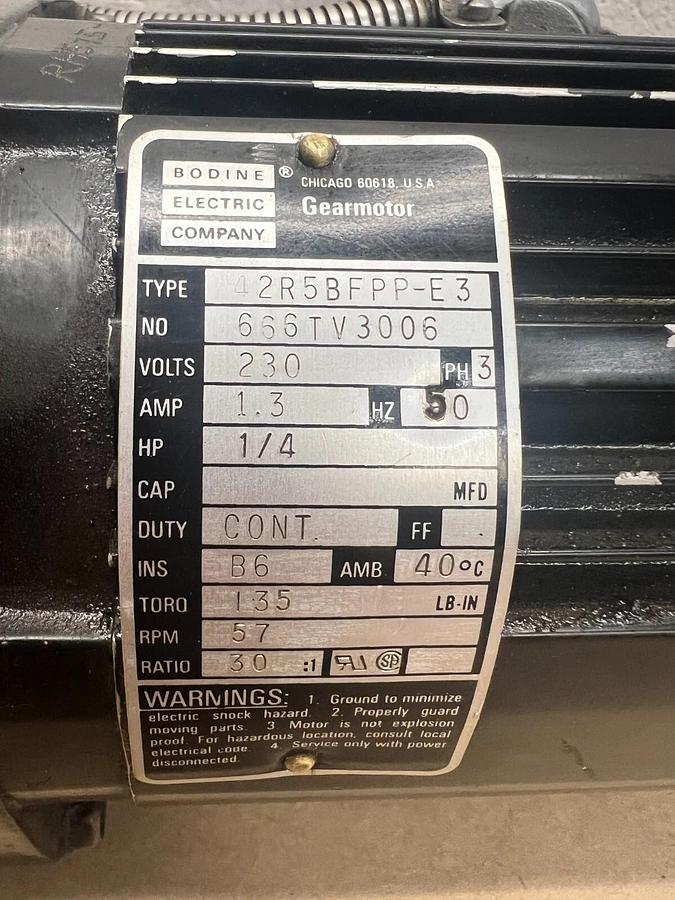 Used Bodine Electric 42R5BFPP-E3 Gearmotor 1/4Hp 230V 1.3A 50Hz 3Ph 57RPM