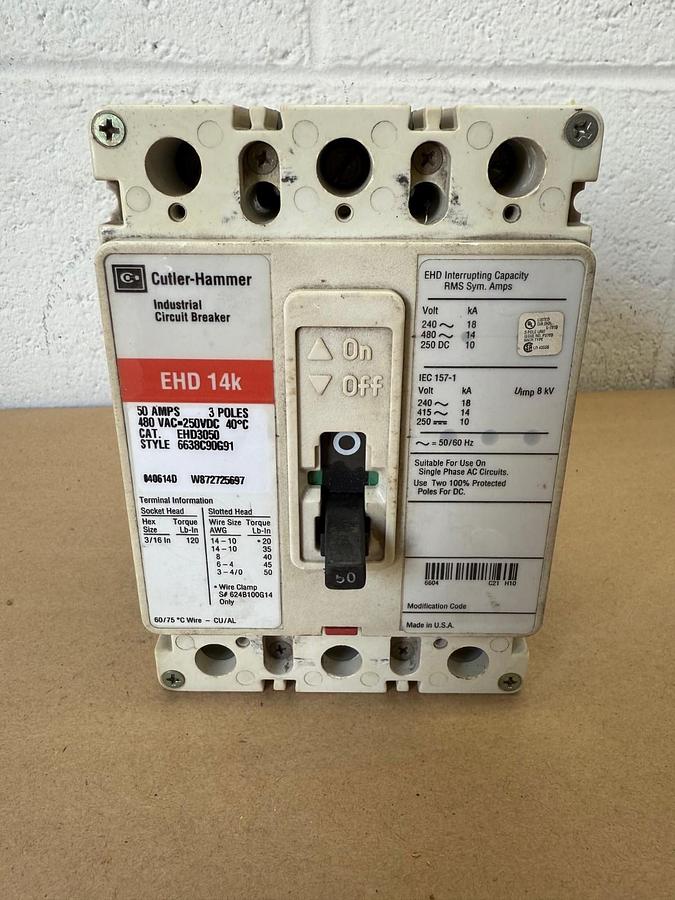 Used Cutler Hammer EHD3050 Industrial Circuit Breaker, 50A 3 Pole, 480VAC-250VDC