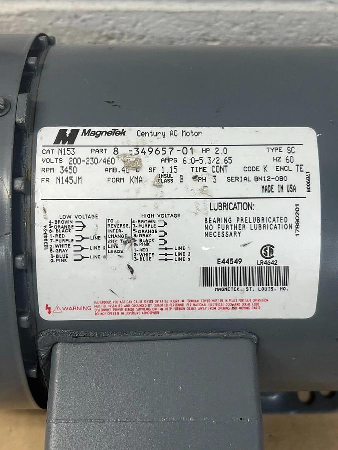 Used Magnetek 2 HP 3450 RPM (8-34957-01) Motor, Type SC, 200-230/460V