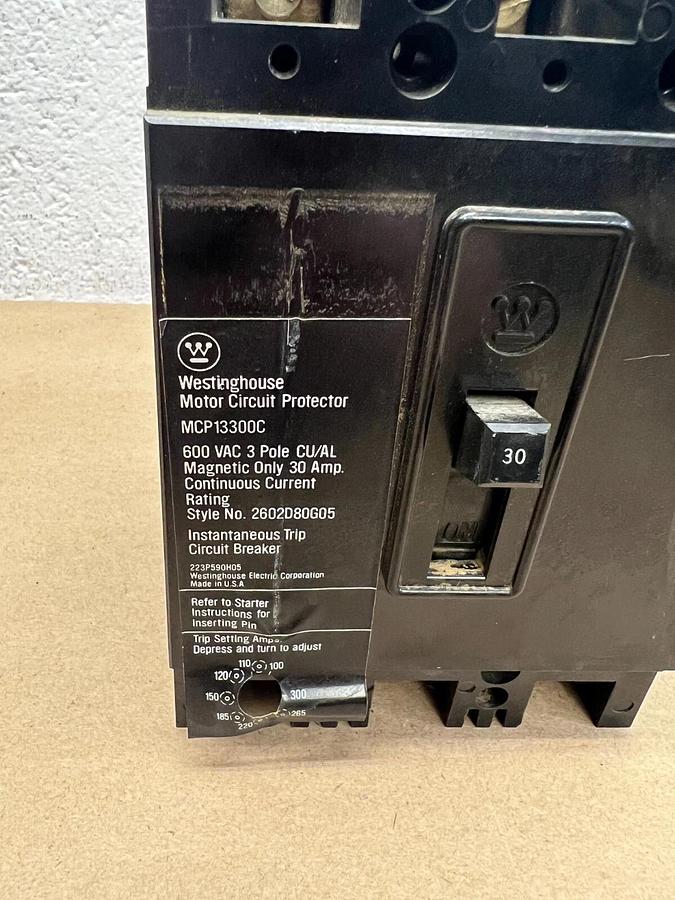 Used Westinghouse MCP13300C 30 Amp, 600 VAC, 3 Pole Motor Circuit Protector