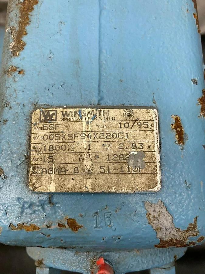 Used Winsmith 5SF Gear Speed Reducer, Ratio 15:1, Input RPM 1800, Input HP 2.83