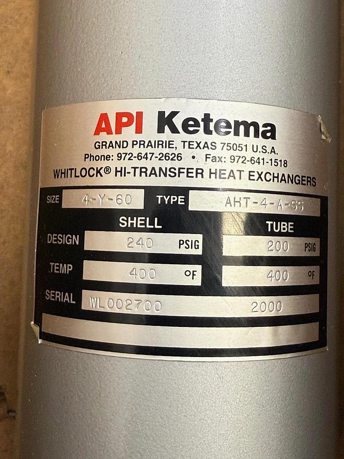 Used API Ketema AHT-4-A-SS HI-Transfer Heat Exchangers 4-Y-60 Size, 240PSIG 400°F