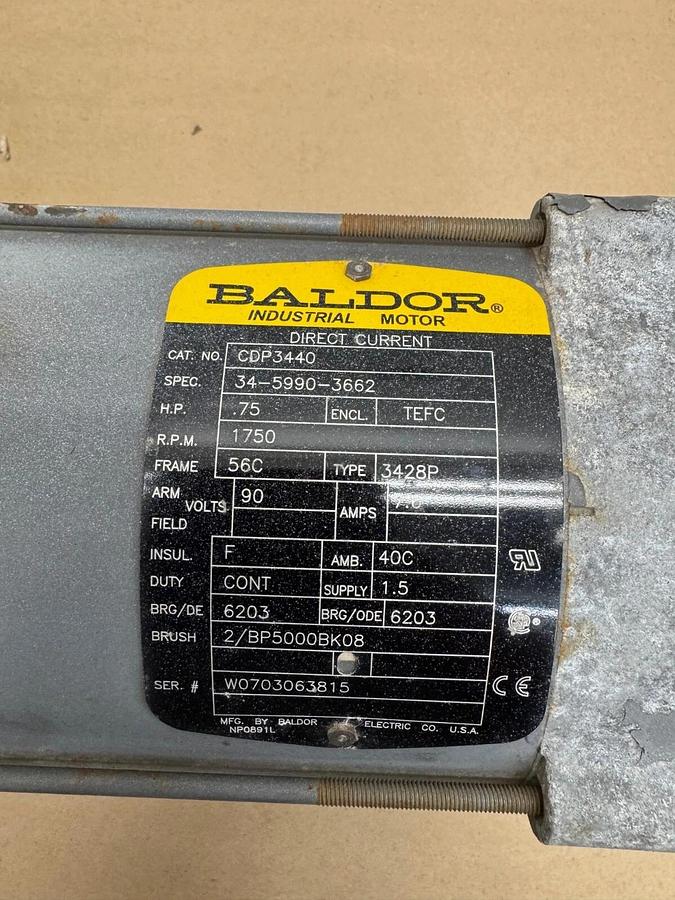 Used Baldor CDP3440, 3/4HP DC Motor @ 1750 RPM, 7.6A, 0.625” Shaft