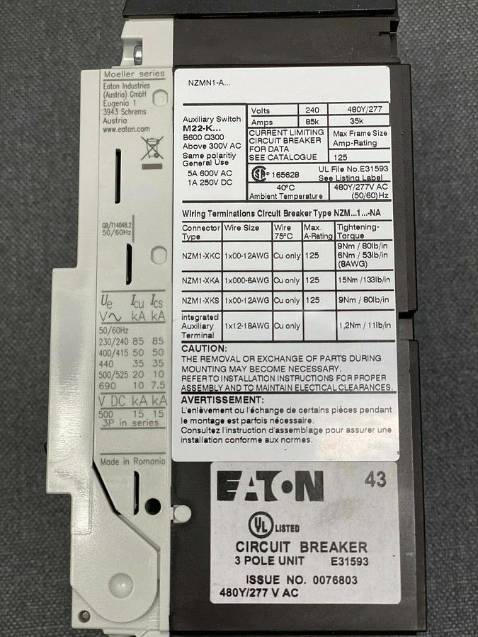 Used Eaton NZM1-AF45-NA Circuit Breaker 3 Pole Unit E31593 45 Amp
