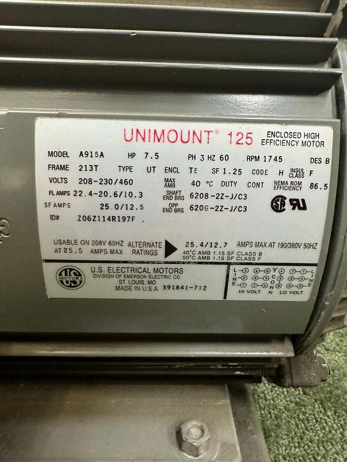 Used US Electrical Motors A915A Unimount 125, 7.5Hp @ 1745 RPM