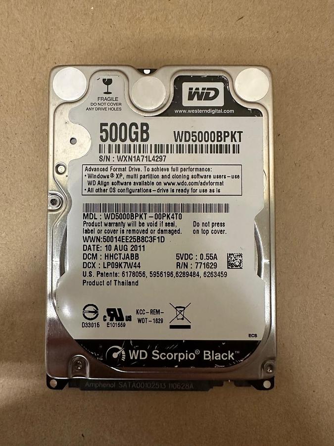 Used Western Digital WD5000BPKT-00PK4T0 Scorpio Black 500GB 2.5” SATA Hard Drive