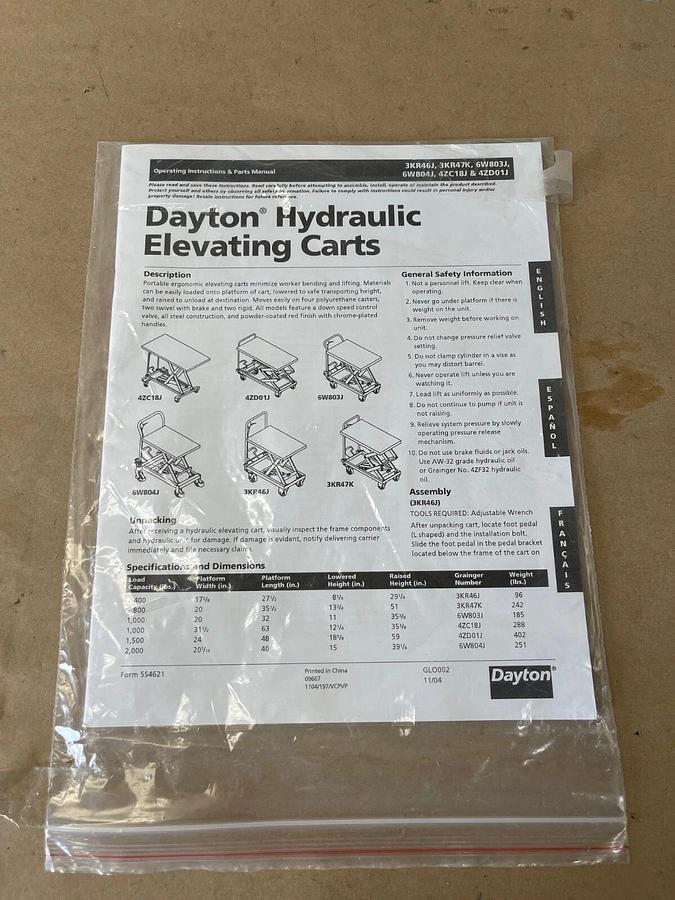 Used Dayton 6W804J Hydraulic Elevating Cart, 2000 lbs Capacity, with Manual
