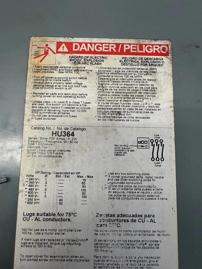 Used Square D HU364 200A Heavy Duty Safety Switch, 600V