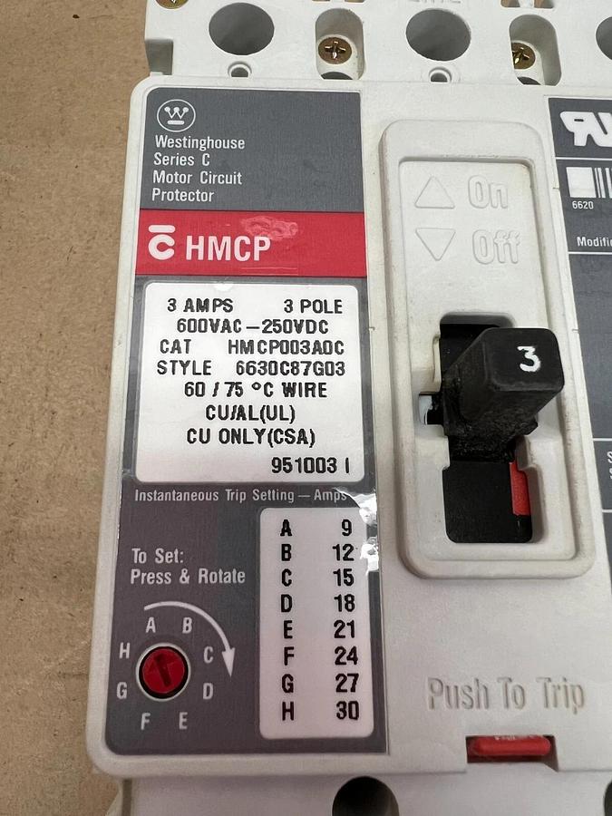 Used Westinghouse HMCP003A0C 3 Pole Motor Circuit Protector