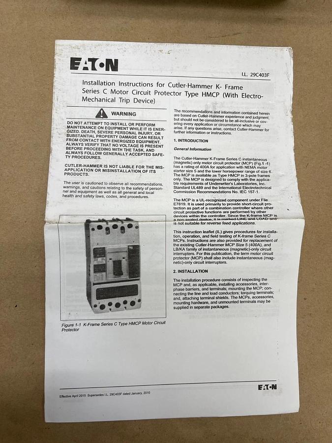 Used Eaton HMCP400X5CA06 Motor Circuit Protector Ser C 400A 600VAC/250VDC 3 Pole
