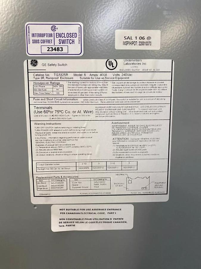 Used General Electric TG3325R General Duty Safety Switch Model 8, 400A, Max Volt 240