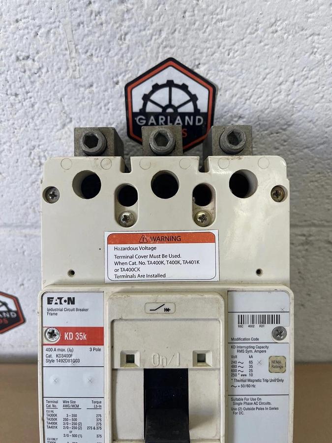 Used Eaton KD3400F Industrial Circuit Breaker, 3-Pole, 400A Max, 600V