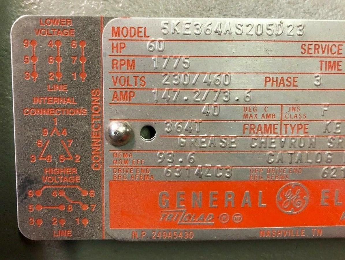 Used General Electric 5KE364AS205D23, 60HP, 1775 RPM, 364T Frame, Electric Motor