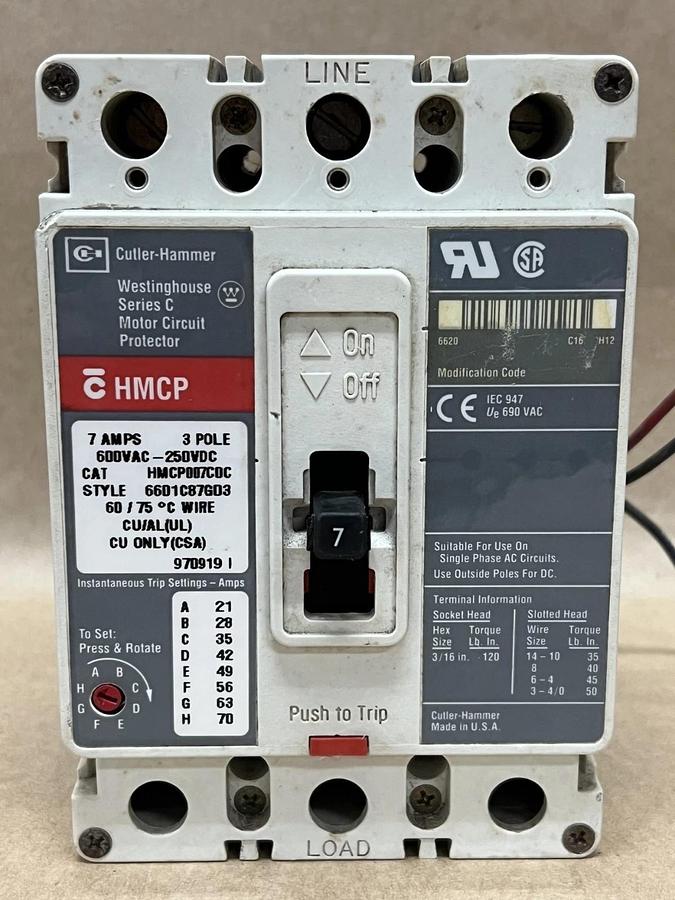 Used Cutler-Hammer/Westinghouse HMCP007C0C 7A, 3 Pole, Ser C Motor Circuit Protector