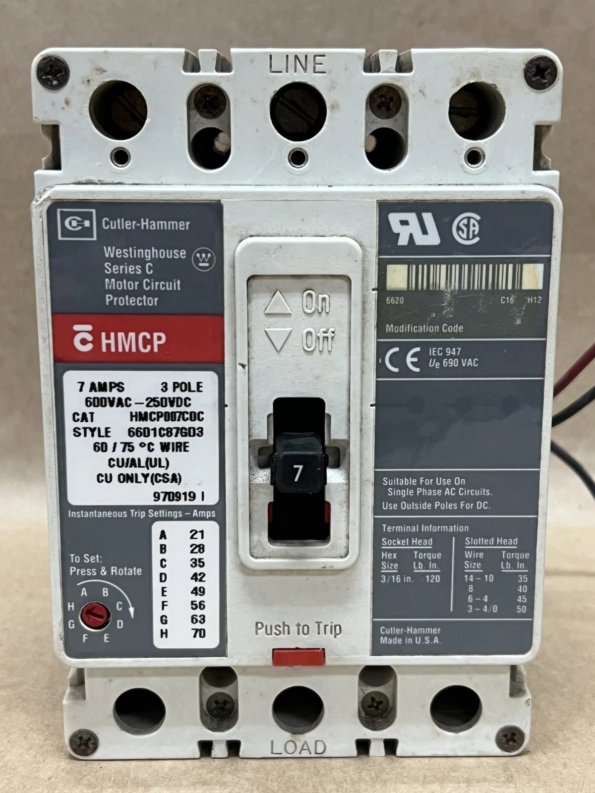 Used Cutler-Hammer/Westinghouse HMCP007C0C 7A, 3 Pole, Ser C Motor Circuit Protector