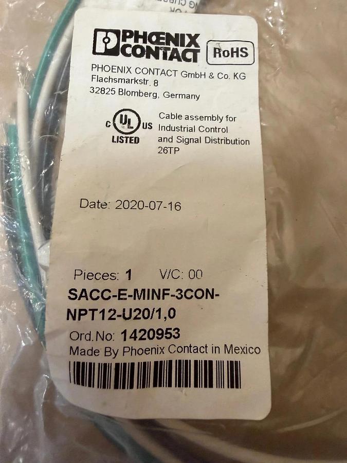 Used Phoenix Contact SACC-E-MINF-3CON-NPT12-U20/1,0 Flush-Type Connector *NEW*