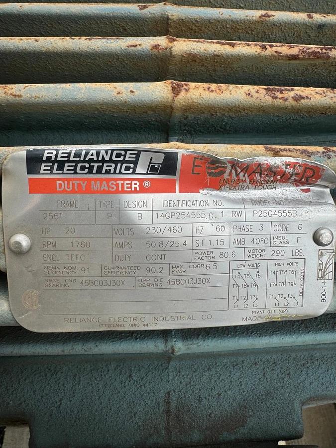 Used Reliance Electric P25G4555B E-Master AC Motor 20Hp @ 1760RPM 50.8/25.4A 230/460V