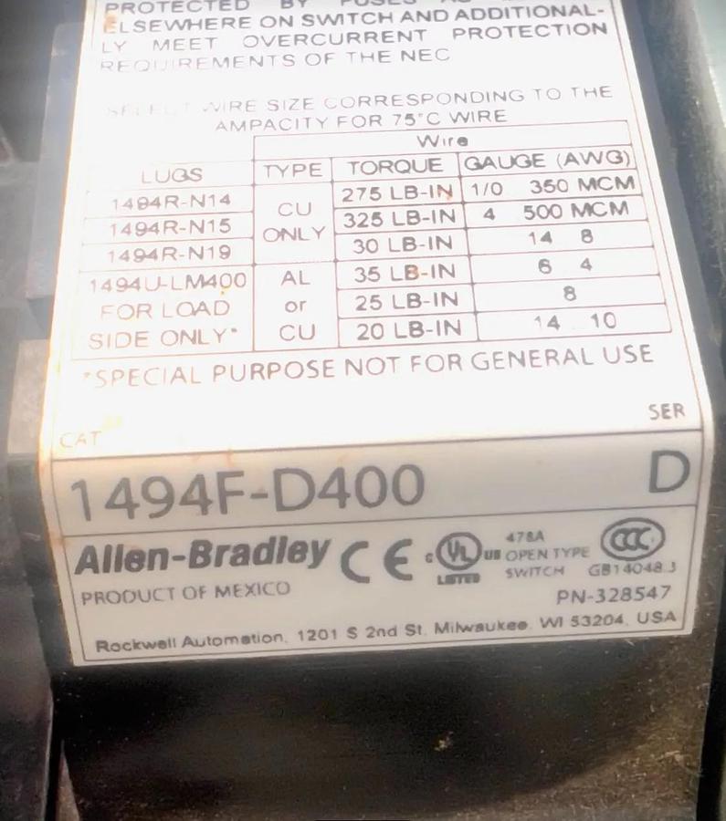 Used Allen Bradley 400A Disconnect Enclosure 1494F-D400