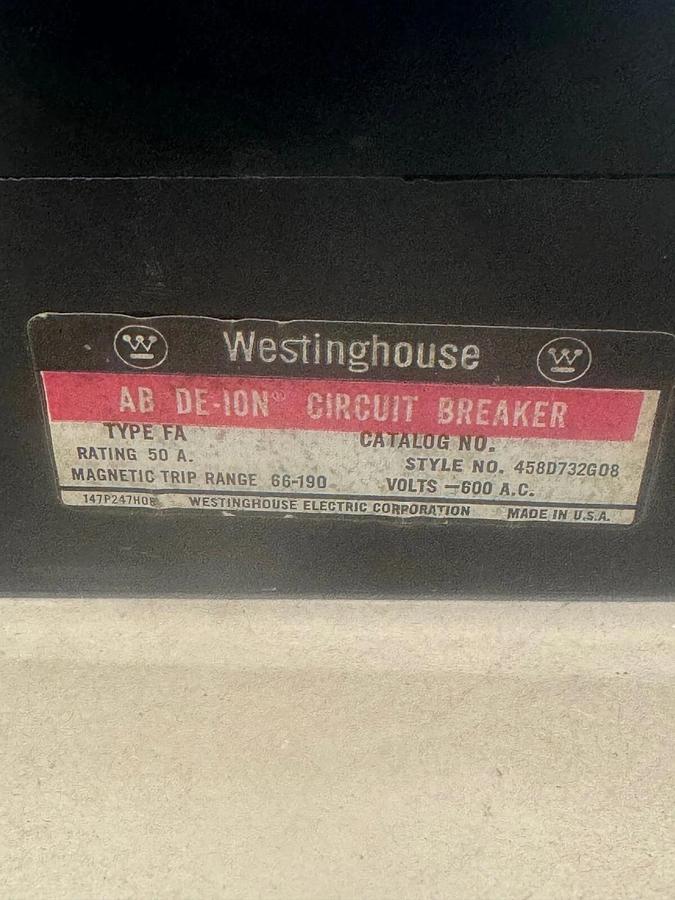 Used Westinghouse 458D732G08 Industrial Circuit Breaker, 50 A, 600 VAC, 3 Pole