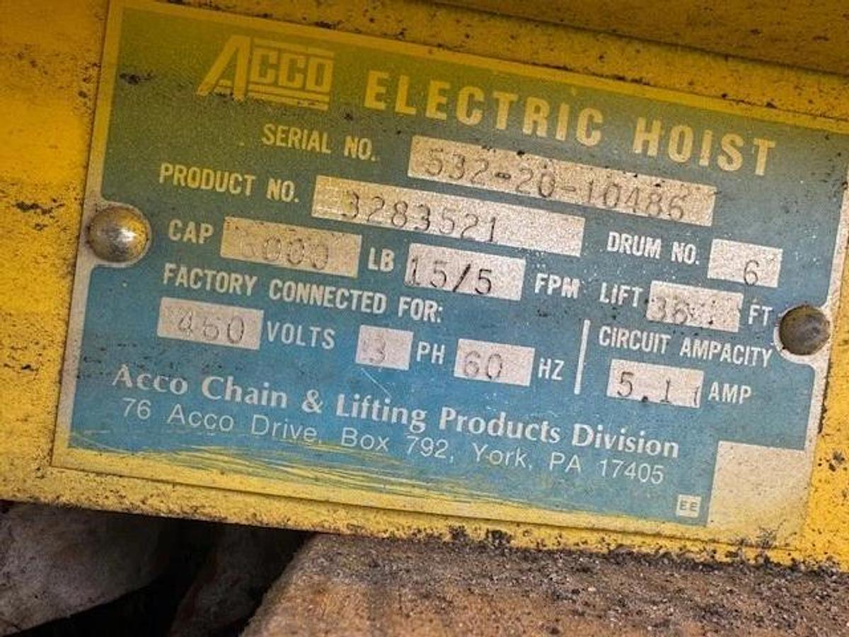 Used Acco 532-20-10486 Electric Hoist, 6000 lbs/3 Ton Capacity