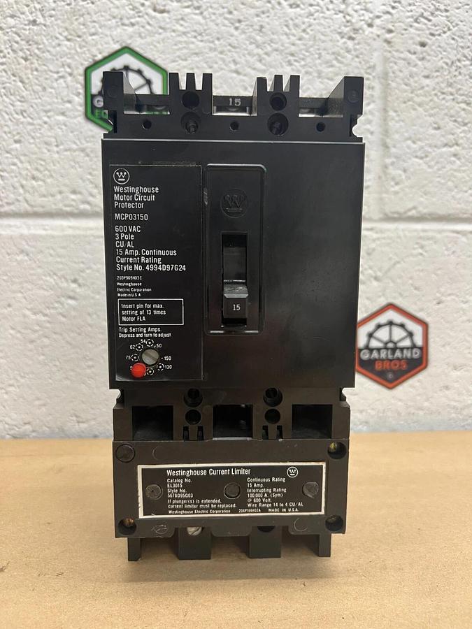 Used Westinghouse MCP03150 Motor Circuit Protector 3P, 600VAC, 15A