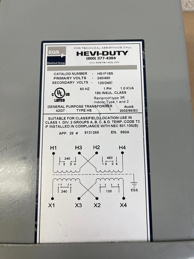 Used EGS Electrical Group HS1F1BS General Purpose Transformer 1.0 KVA 1 Ph 60Hz