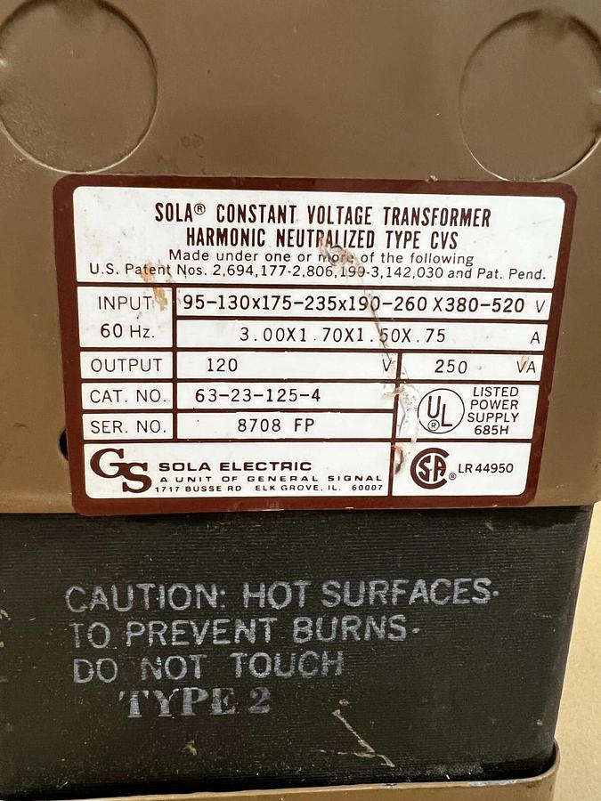 Used Sola Electric 63-23-125-4 CVS Transformer