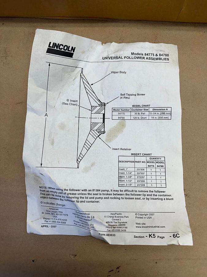 Used Lincoln 84775 Universal Follower Assembly *NEW*