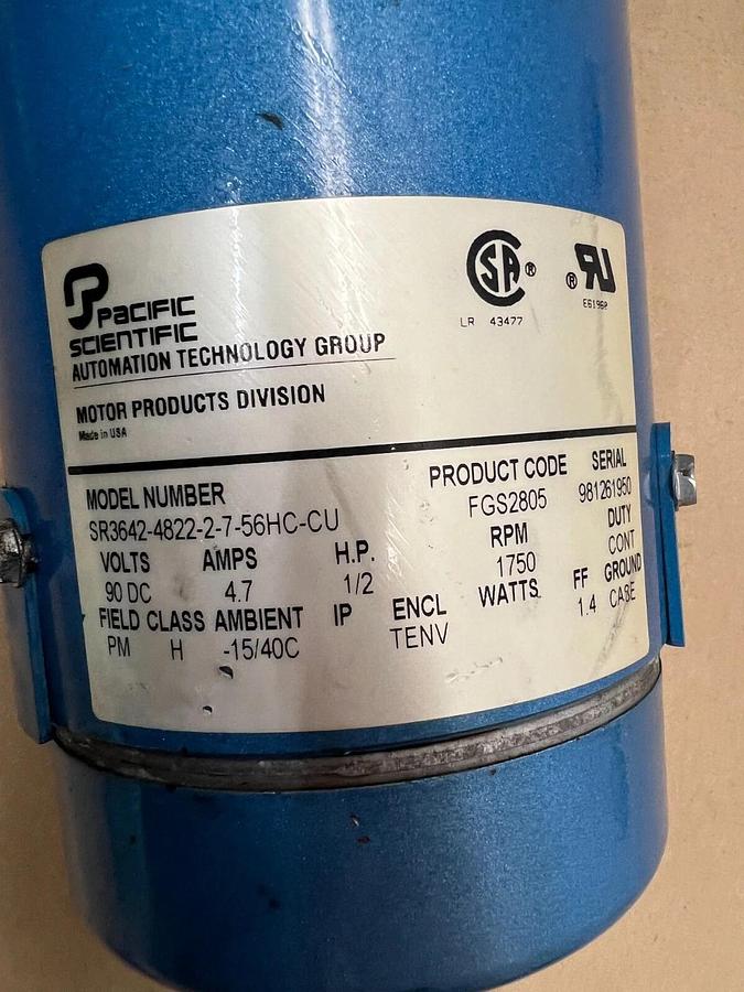 Used Pacific Scientific SR3642-4822-2-7-56HC-CU Motor  1/2Hp 1750RPM w/ Gearbox