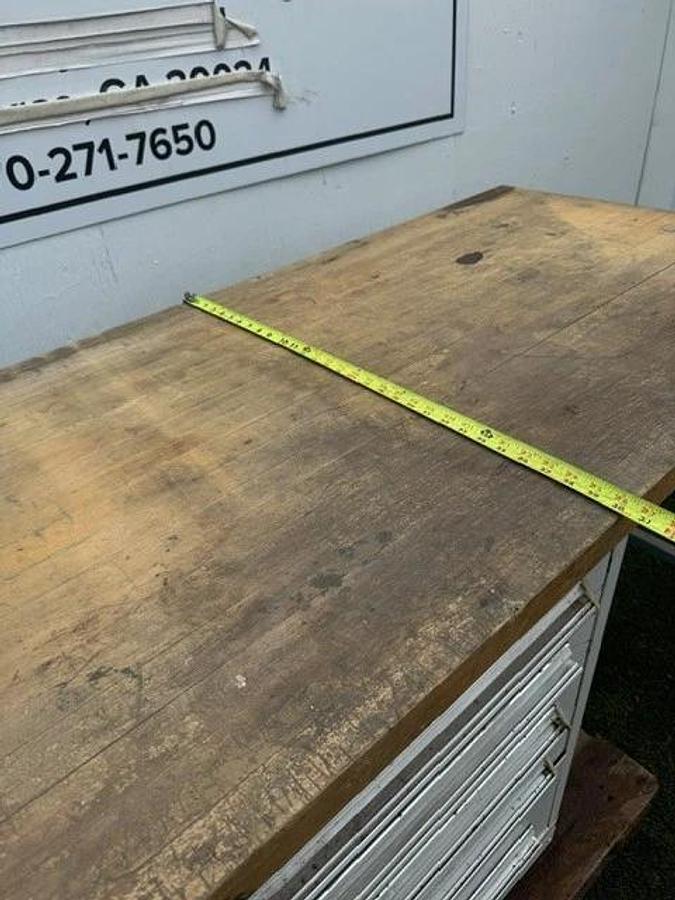 Used Stanley Vidmar 60” x 30” Butcher Top Desk, 5-Drawer Cabinet 30” x 28” Cabinet