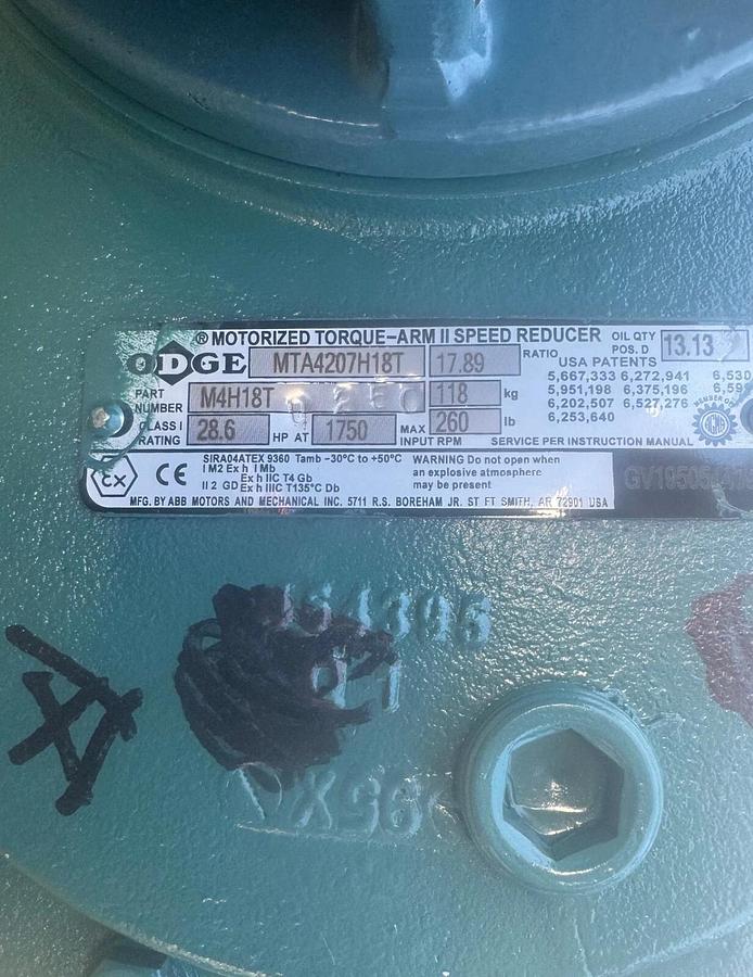 Used Dodge MTA4207H18T Motorized Torque-Arm II Speed Reducer, 28.6Hp, 1730RPM