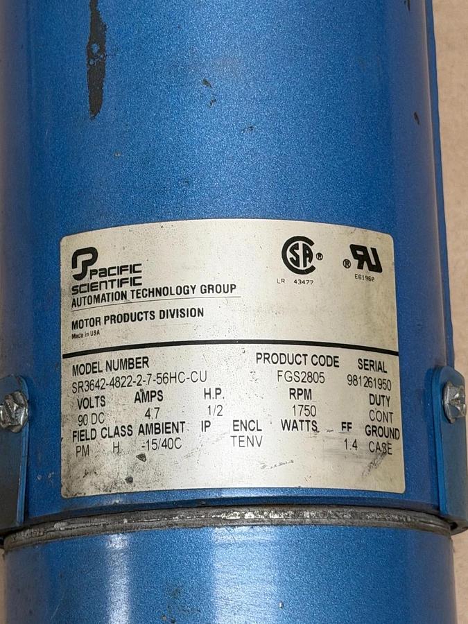 Used Pacific Scientific SR3642-4822-2-7-56HC-CU 1/2Hp Motor @ 1750 Rpm