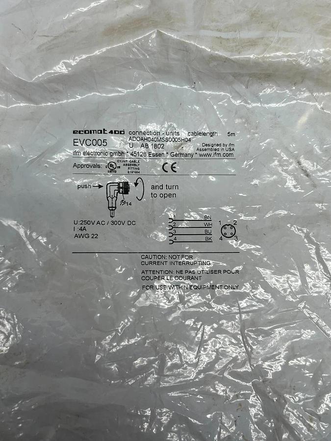 Used IFM EVC005 Ecomot 400, 5M Connection Unit - Lot of 2