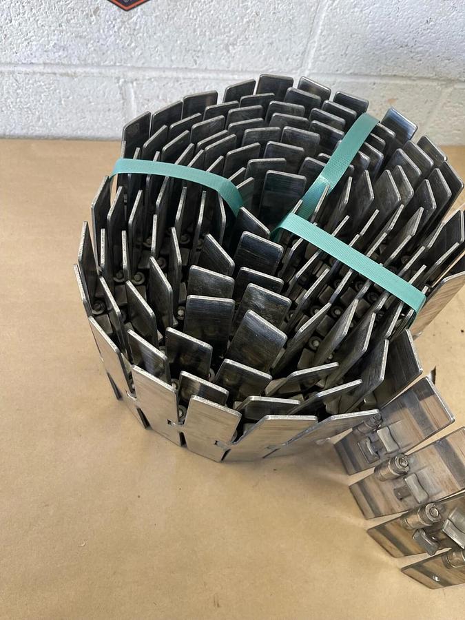 Used Rexnord SS881 BC 91 Stainless Steel Side Flexing Tabletop Chain L:186.5” W:7.5"