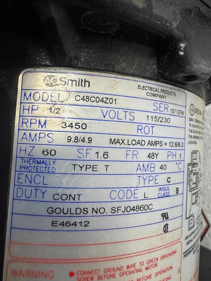 Used Amtrol RP-15 Water Pressure Booster, 75 PSI Tank, 1/2Hp AO Smith Pump @ 3450RPM