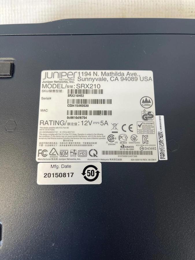 Used Juniper SRX210 8-Port 10/100 PoE Services Gateway - New